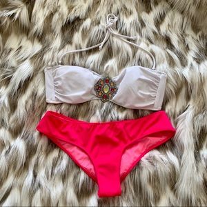 White and Pink Bikini with Brooch